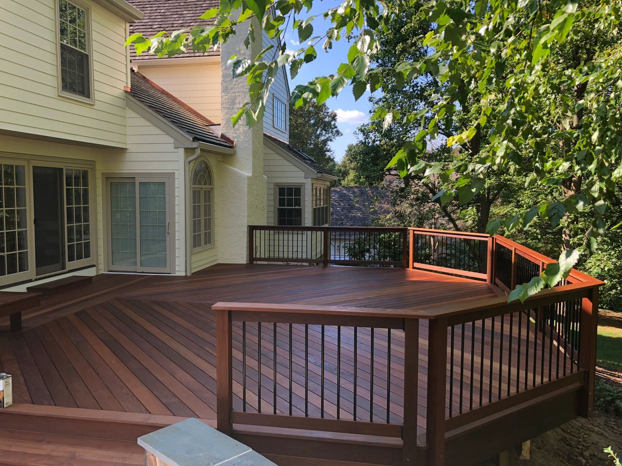 Ipe decking and railing with metal balusters.