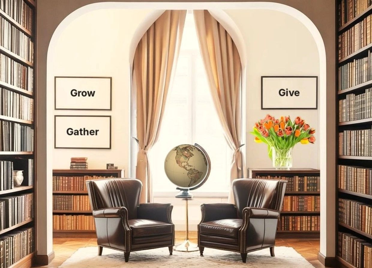 Cozy library with leather chairs, globe, and motivational signs.