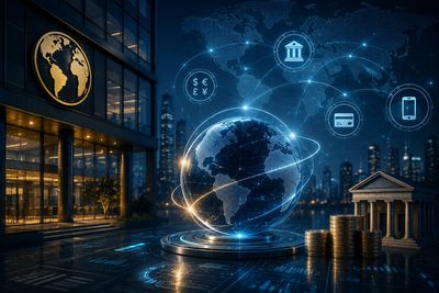 Digital globe surrounded by financial icons and coins.