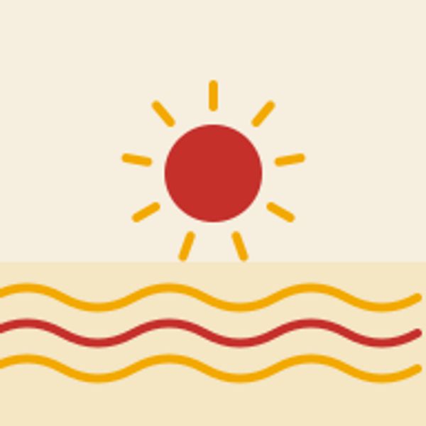 Minimalist sun setting over stylized waves in warm colors.