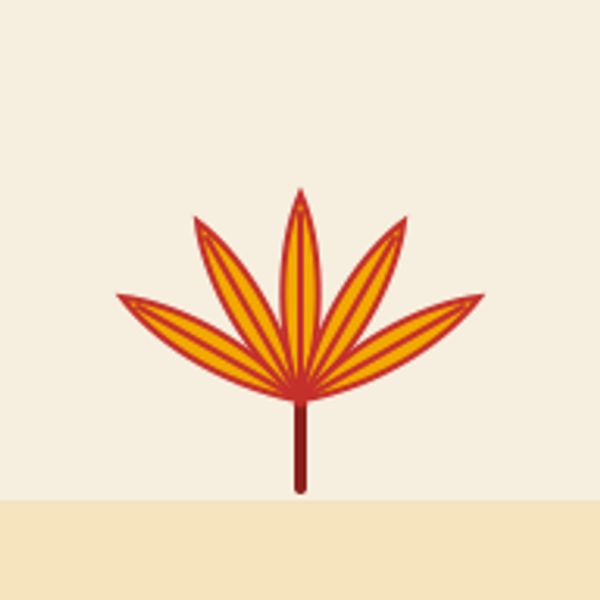 Stylized orange and red leaf with five pointed segments against a beige background.
