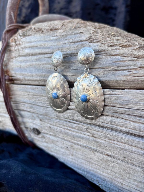 Silver earrings with blue stones displayed on rustic wood.