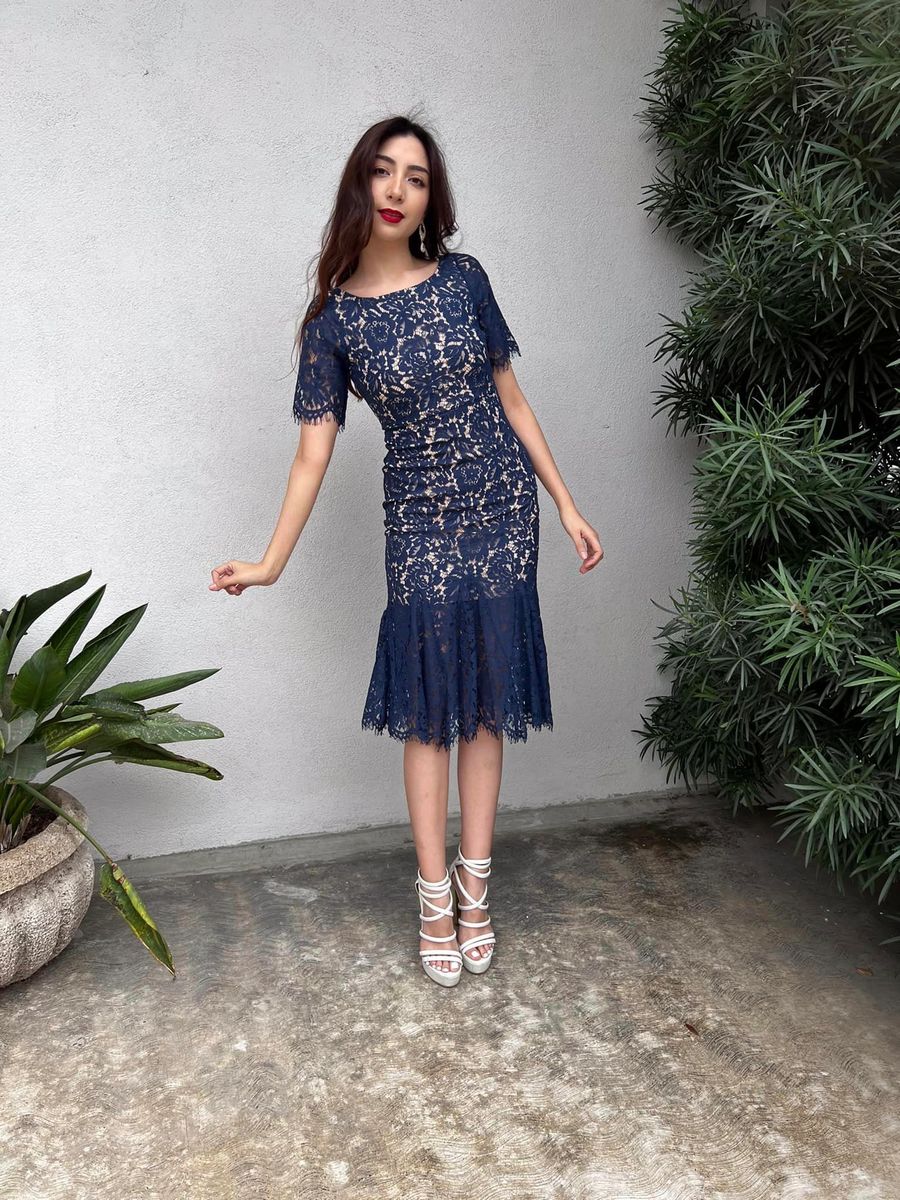 Vestido Azul Marino Midi Encaje Cocktail corte Sirena