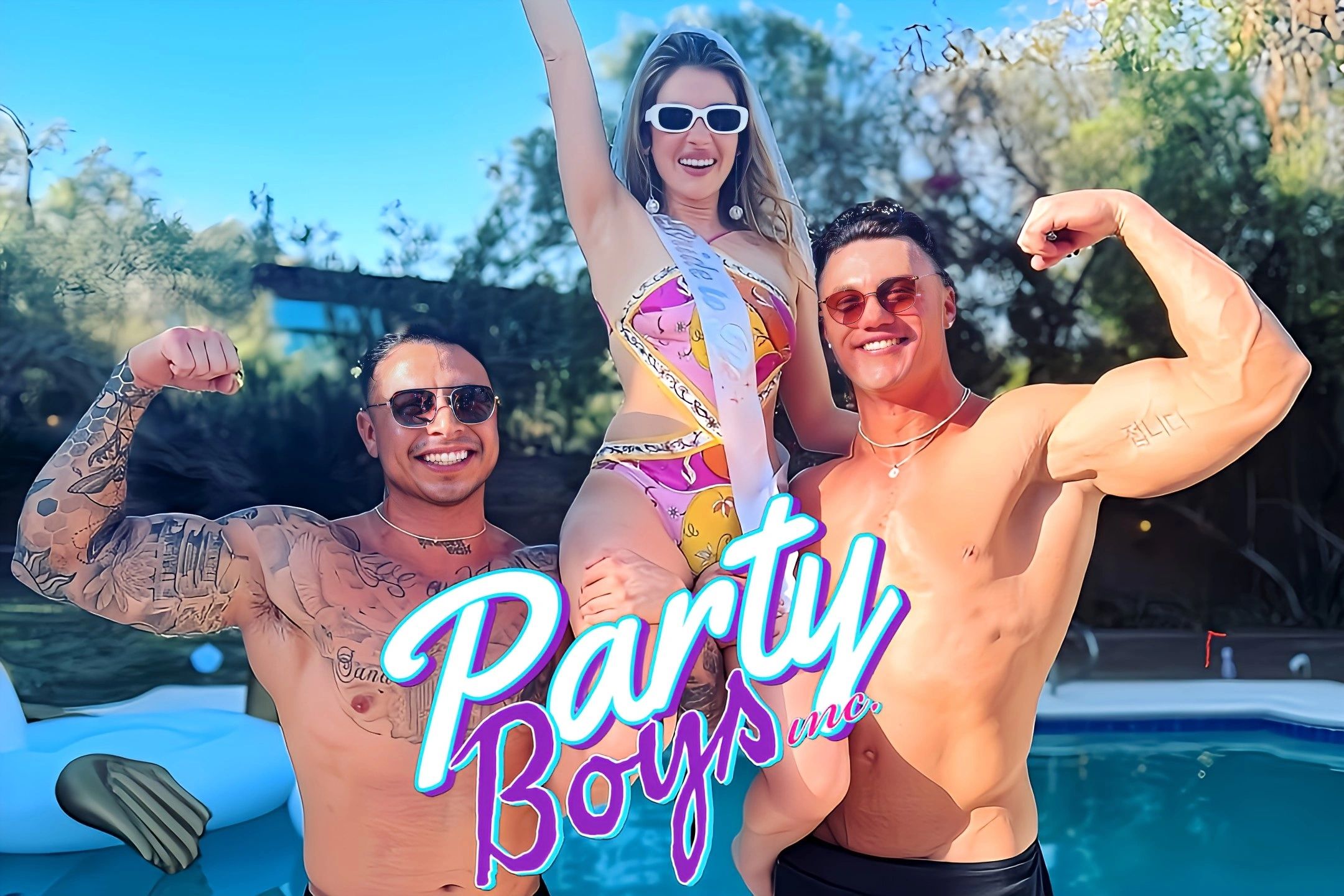 Two hunky cabana boys celebrate with a bride to be at her bachelorette pool party in Palm Springs