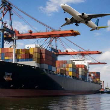 Ein Flugzeug fliegt über ein Containerschiff im Hafen.