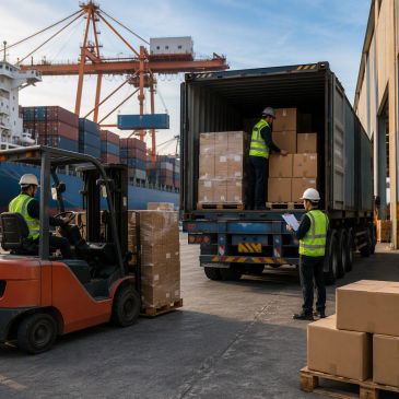 Arbeiter verladen Kisten in einen Container an einem Hafen.