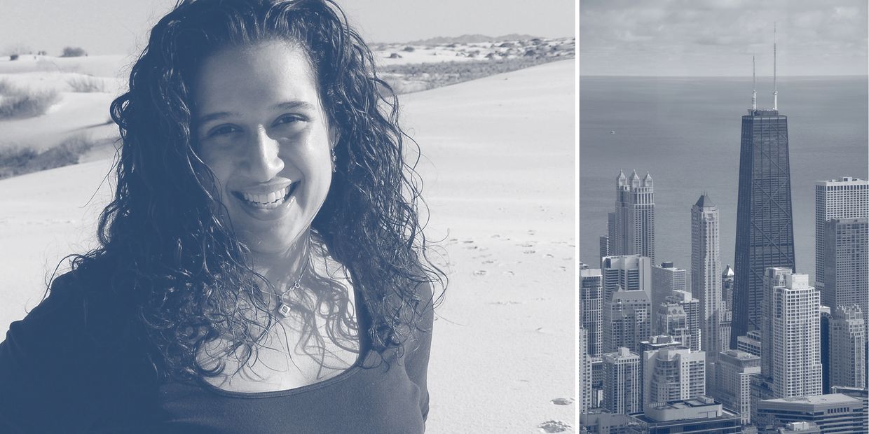 Margaret on beach-view of Chicago skyline