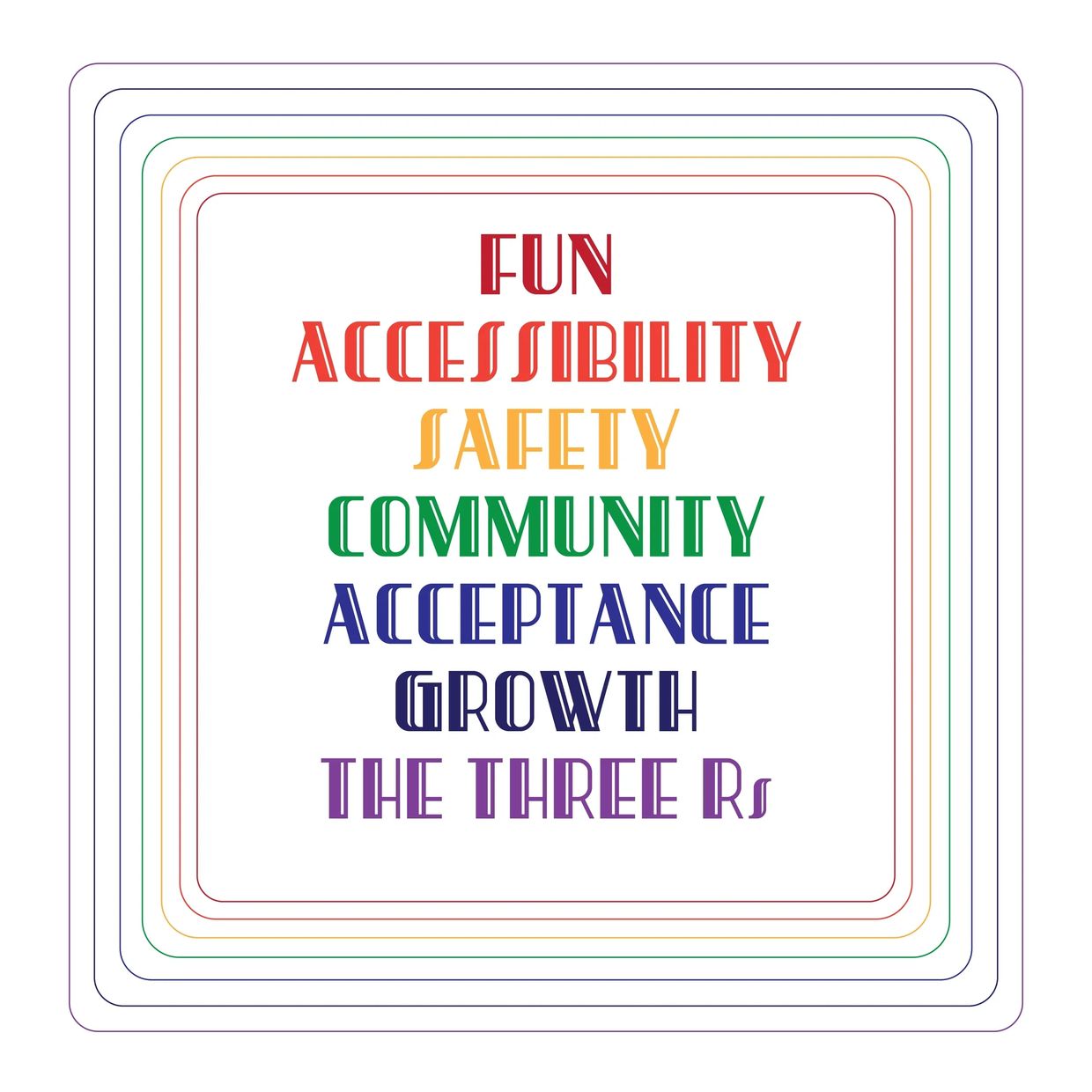"FUN, ACCESSIBILITY, SAFETY, COMMUNITY, ACCEPTANCE, GROWTH, THE THREE R's" written in colorful print
