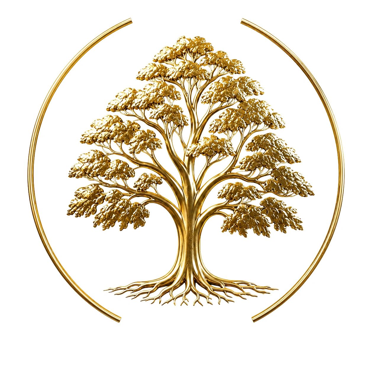 Golden tree sculpture inside a broken circular frame.