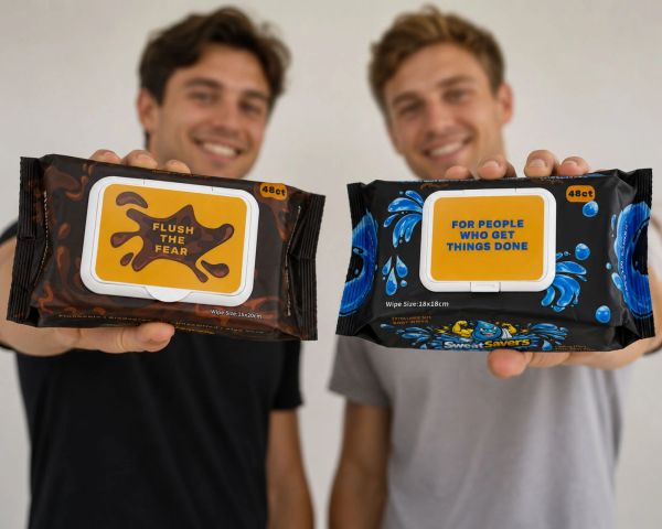 Two men holding wet wipe packs with motivational labels.