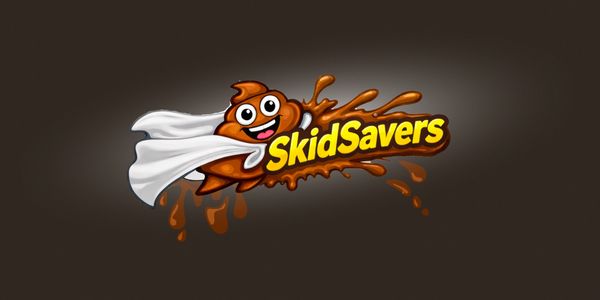 Cartoon poop superhero character with the text SkidSavers.