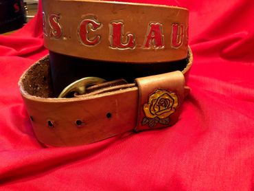 1 1/4" hand tooled Mrs. Claus belt.