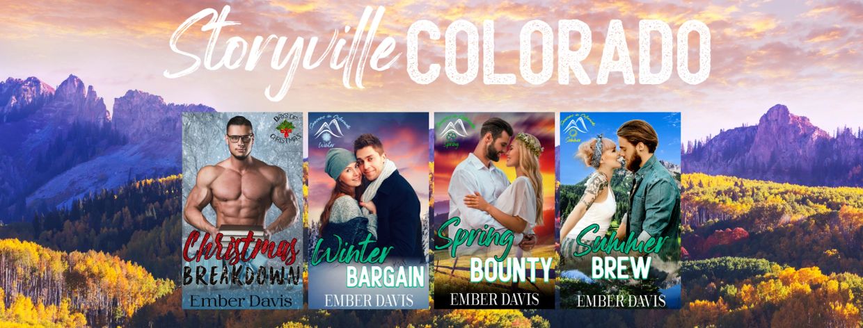 A scenic Colorado mountain background with four romance novel covers by Ember Davis.