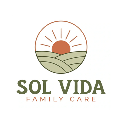 Sol Vida Family care logo consisting of a sun over green hills.