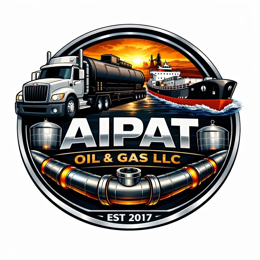 Logo of AIPAT Oil & Gas LLC featuring a truck, ship, and pipeline.
