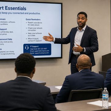 A professional man presents IT support essentials to a small audience in a meeting room.