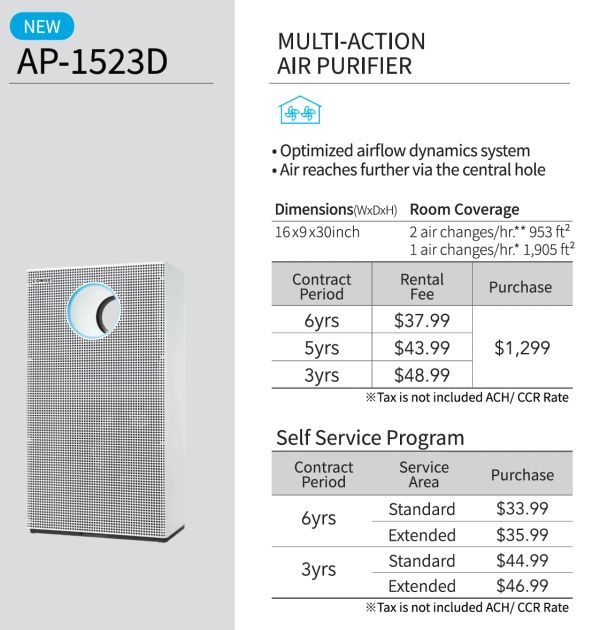Multi-action air purifier with rental and purchase options.