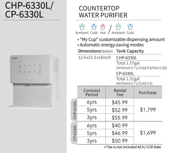 Countertop water purifier with customizable dispensing and rental options.