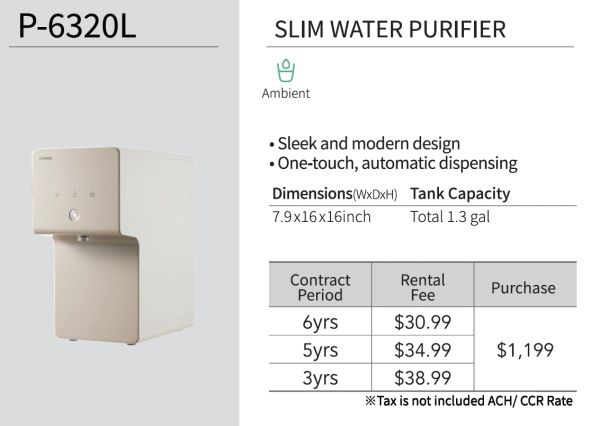 Slim water purifier with sleek design and automatic dispensing.