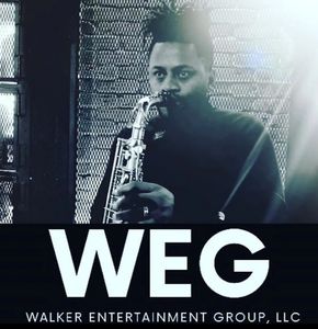 Split image of Rakiem Walker playing saxophone on top and letters spelling out Walker Entertainment 