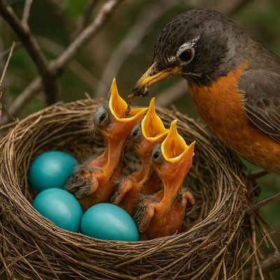 AI generated image mother robin feeds chicks in nest. Copilot iGentixAI Generative Learning #iVirtue