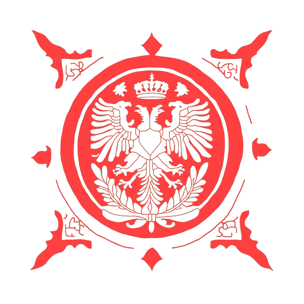 Red royal emblem with a crowned double-headed eagle and ornate details.