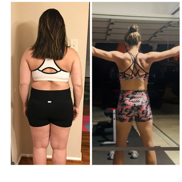 Before and after fitness transformation showing improved muscle tone and posture.