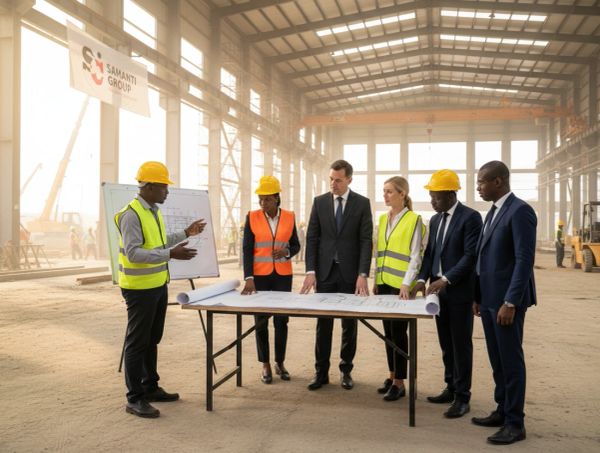 Team discussing construction plans in a large industrial building.