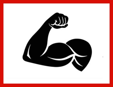 Black silhouette of a flexed muscular arm with a red border.