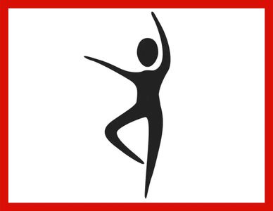 Abstract black figure dancing inside a red-bordered white square.