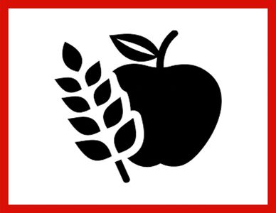 Black icon of an apple and wheat stalk with a red border.