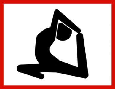 Black silhouette of a person stretching inside a red border.