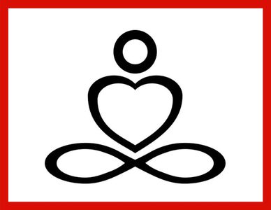 Abstract yoga figure with a heart-shaped torso and a circular head in a meditative pose.