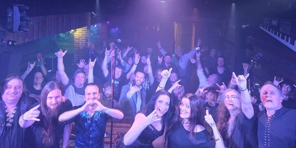 A lively crowd and performers posing with rock hand signs at a concert.