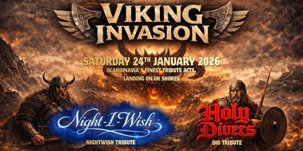 Viking Invasion music event poster for January 24, 2026, featuring Nightwish and Dio tribute bands.