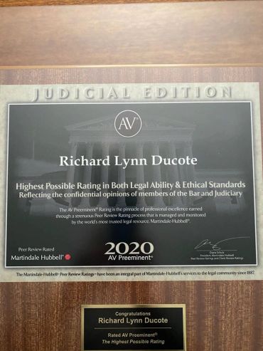 Award plaque for Richard Lynn Ducote's highest legal and ethical rating in 2020.