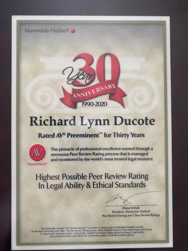 Certificate honoring Richard Lynn Ducote's 30 years of AV Preeminent rating.