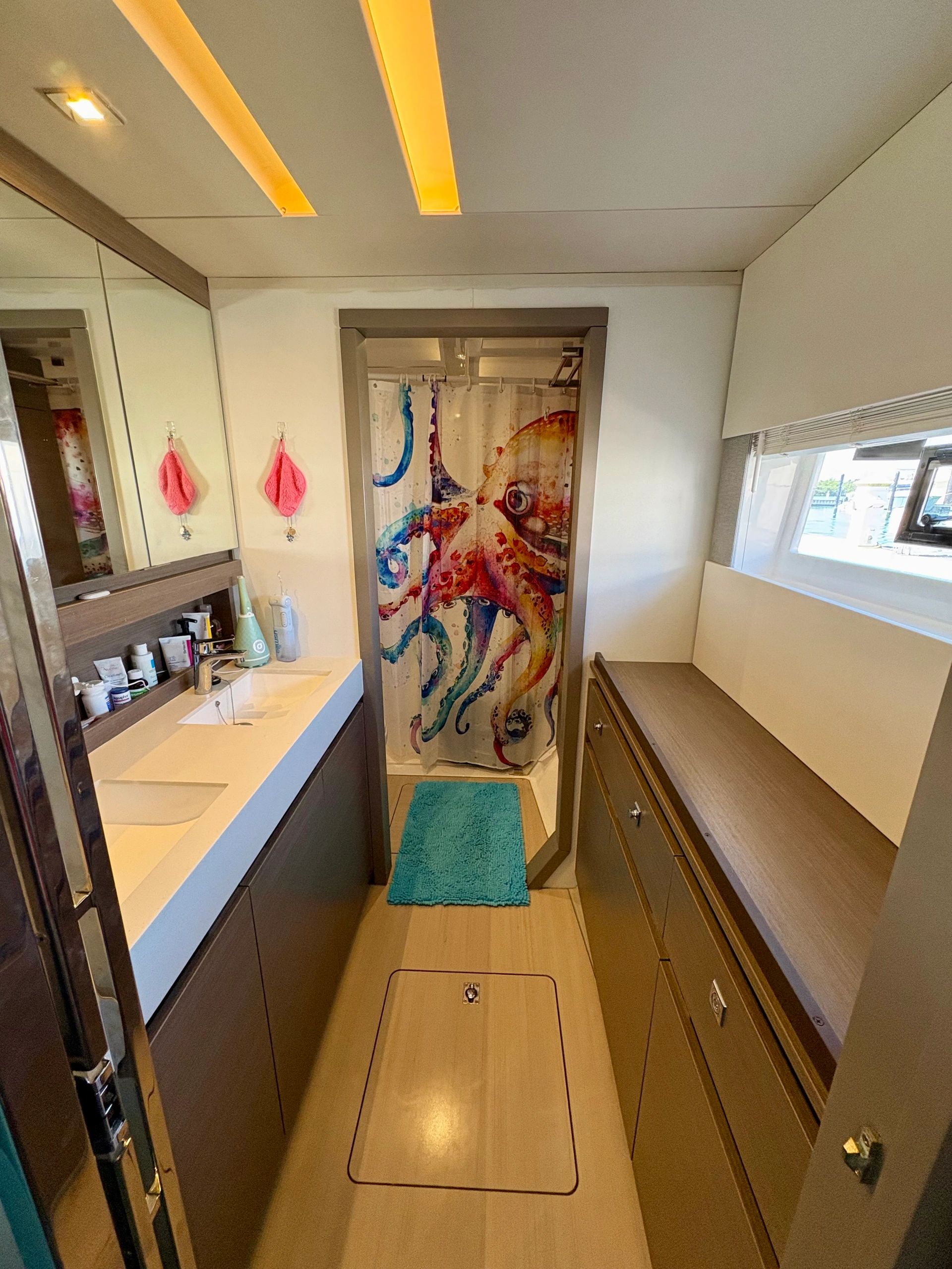 Modern bathroom with octopus shower curtain and blue rug.