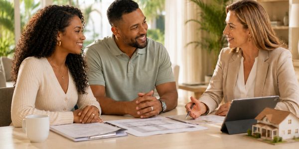 Couple consulting with a real estate agent indoors.