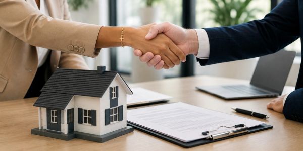Handshake over a real estate contract with a house model on the table.