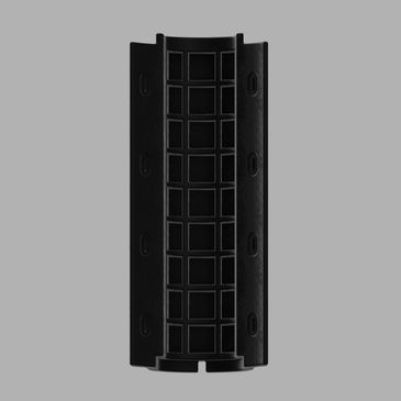 Black cylindrical object with grid-like structure on gray background.
