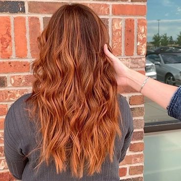 copper balayage long hair layers