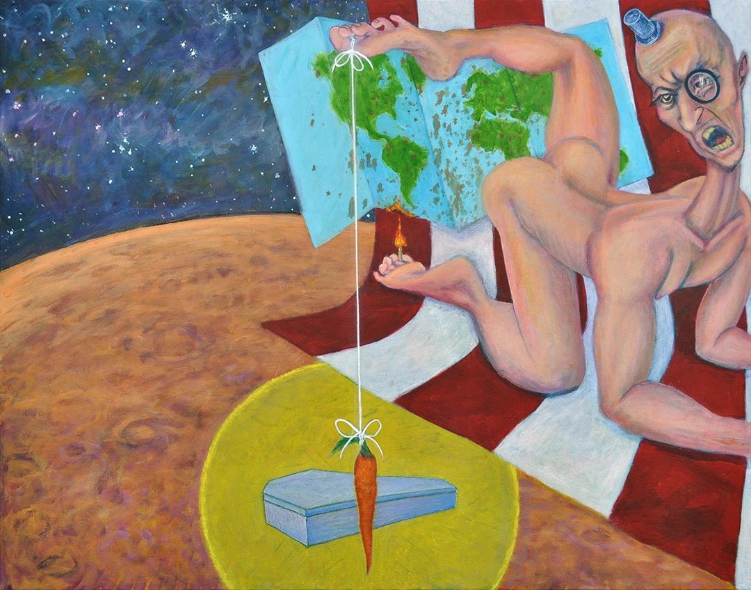 Painting of monocled nude male figure dangling carrot and burning a soiled world map with his feet
