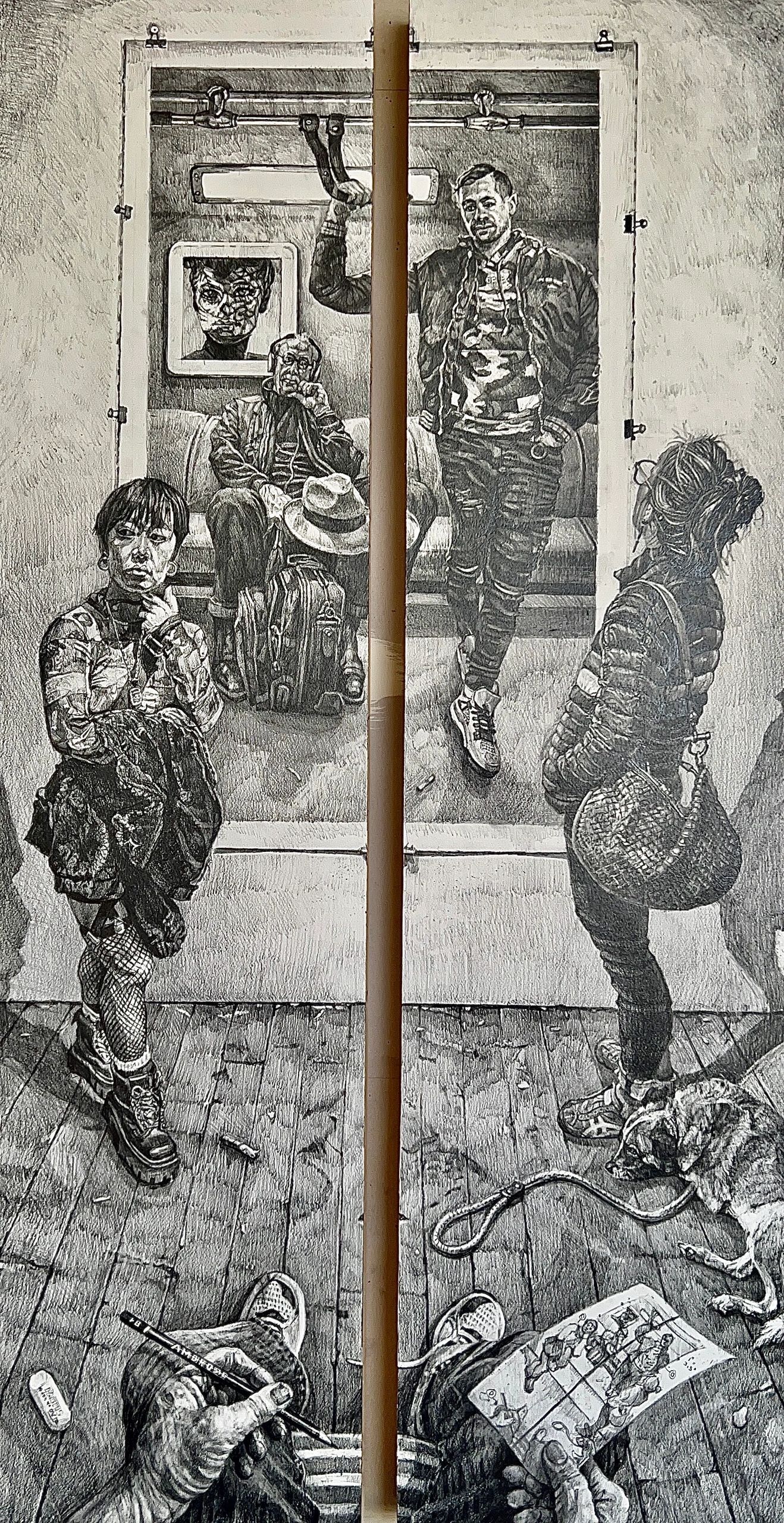 Diptych with a woman on each side looking at large drawing in gallery. Hands and feet of sketching.