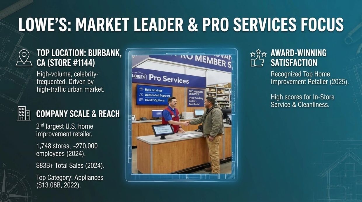 Lowe's market leadership and pro services focus with key metrics and awards.