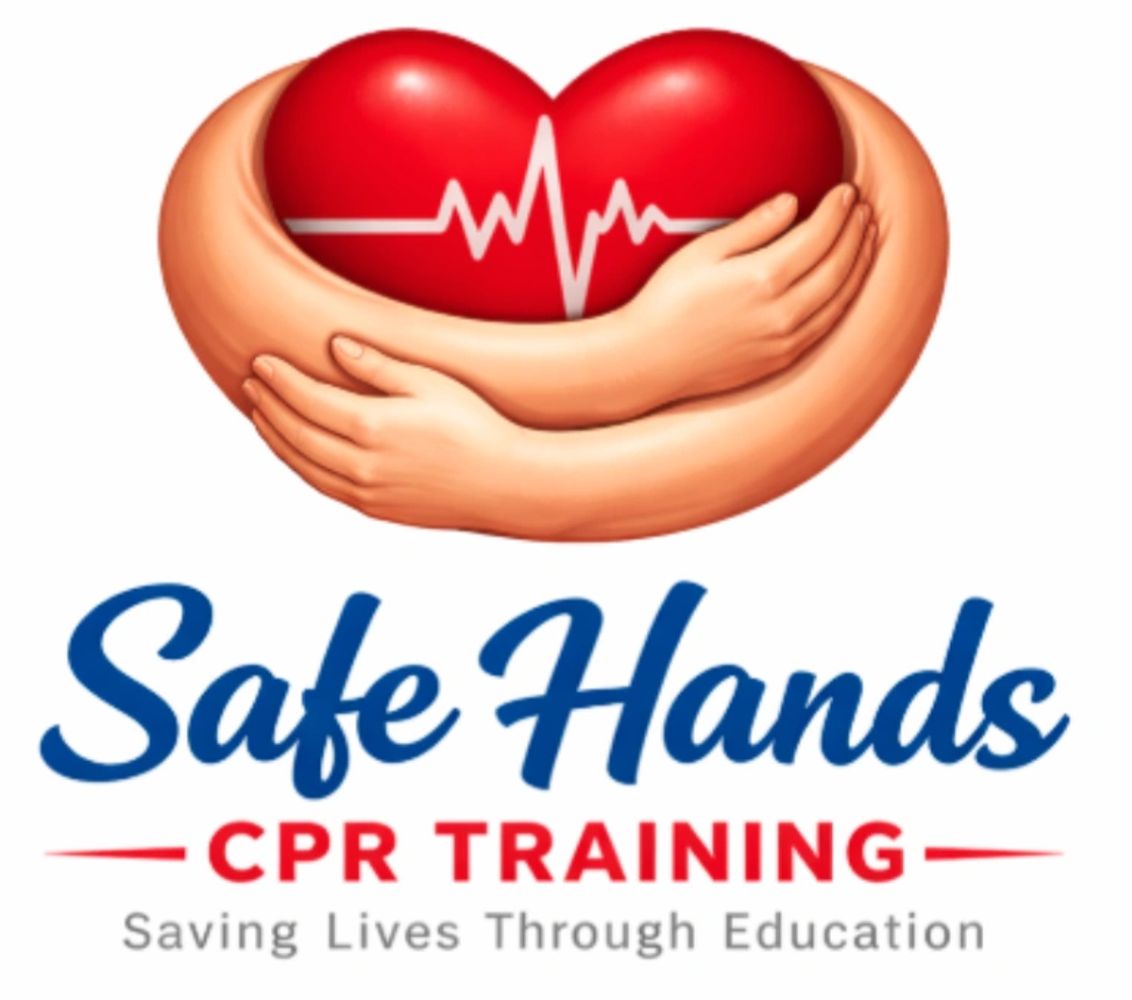 Logo of Safe Hands CPR Training with heart and arms illustration.