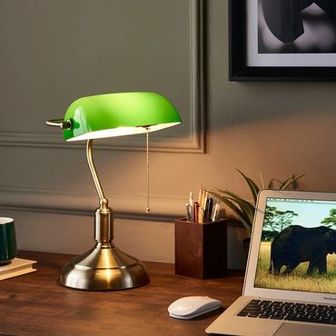 Banker table lamp with green glass lampshade