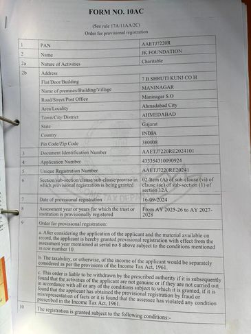 Provisional registration form for JK Foundation as a charitable trust in Ahmedabad, Gujarat, India.