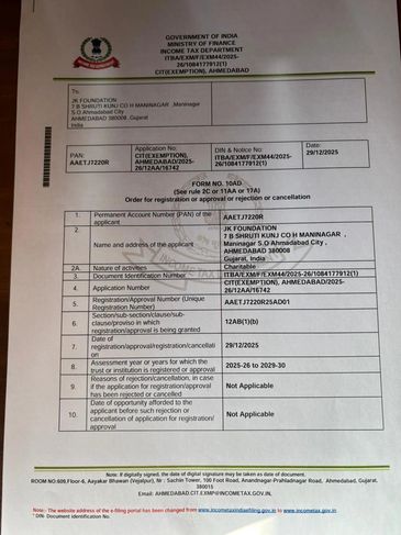 Government of India tax exemption document for JK Foundation in Ahmedabad.