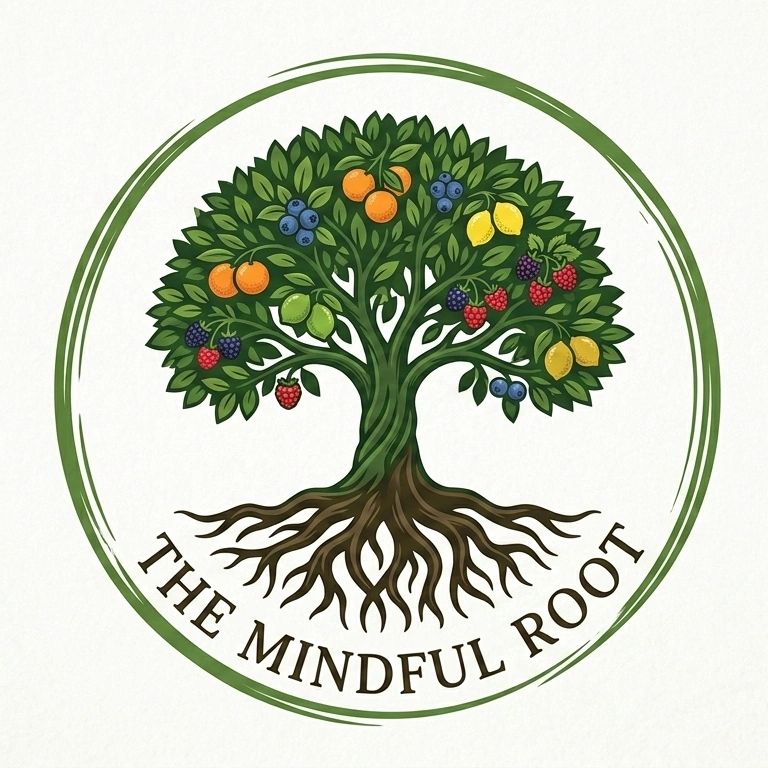 Artistic logo of a fruit-laden tree with roots and the text 'THE MINDFUL ROOT'.